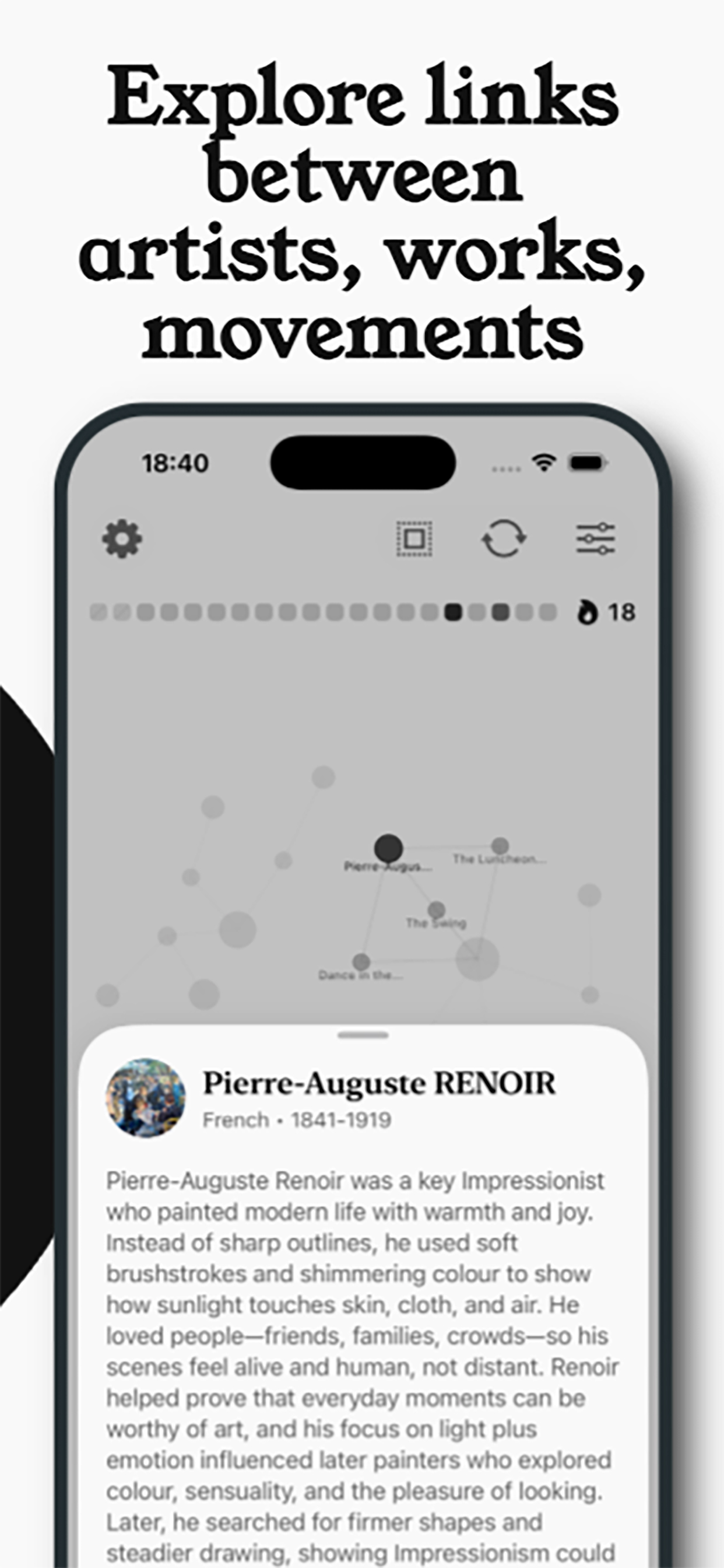 Kimp app screenshot showing artist and movement links